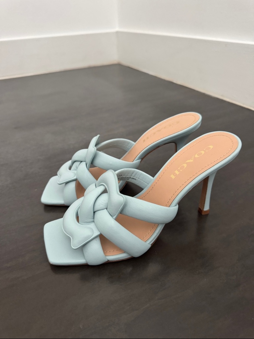 Coach Powder Blue Knotted Leather High Heel Mules